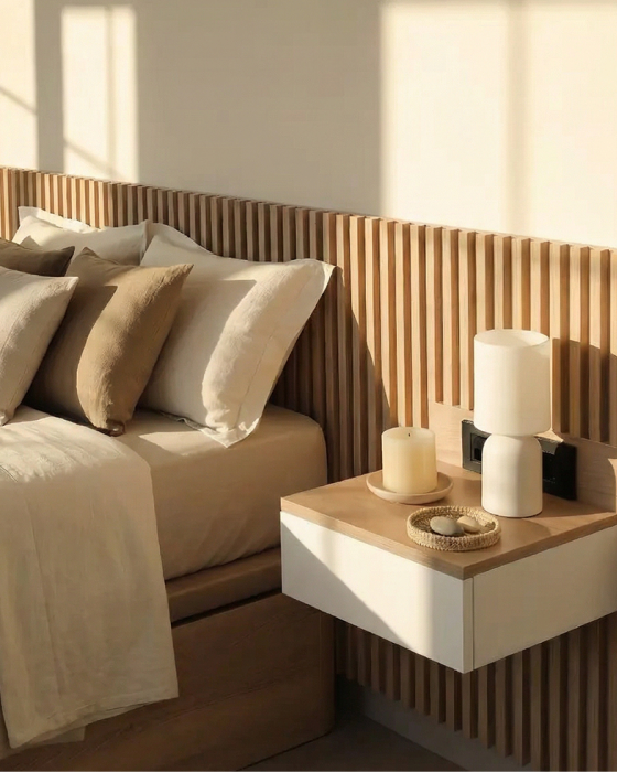 ListNight - Cabecero con listones, luz LED y mesitas flotantes integradas