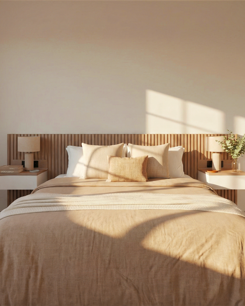 ListNight - Cabecero con listones, luz LED y mesitas flotantes integradas